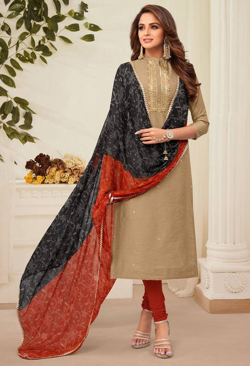 Beige Chanderi Silk Embroidered Salwar Suit Material - Rajnandini