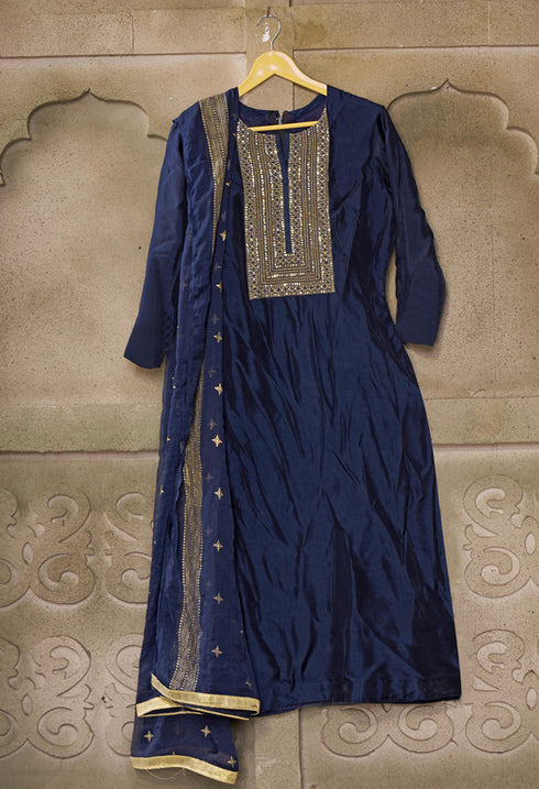 Navy Blue Chanderi Silk Embroidered Salwar Suit Material