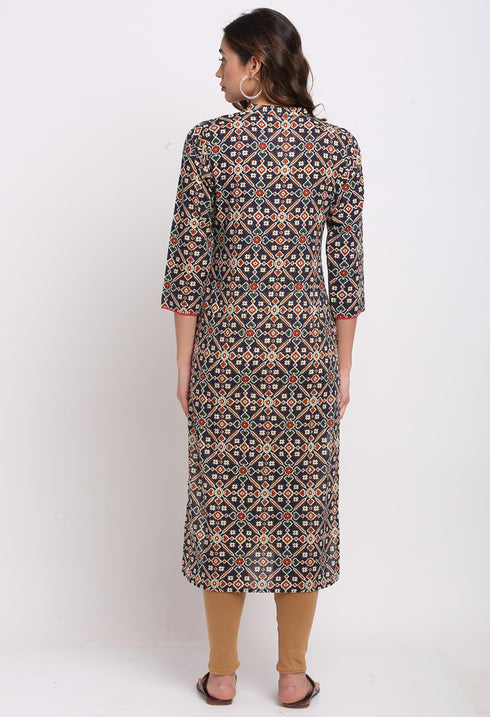 Navy Blue And Red Pure Cambric Cotton Jaipuri Printed Kurti