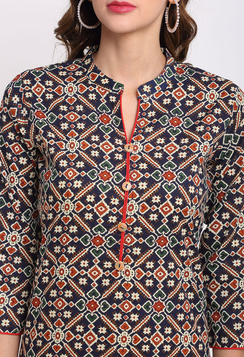 Navy Blue And Red Pure Cambric Cotton Jaipuri Printed Kurti