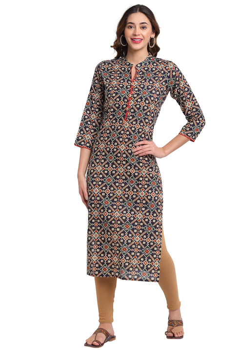 Navy Blue And Red Pure Cambric Cotton Jaipuri Printed Kurti
