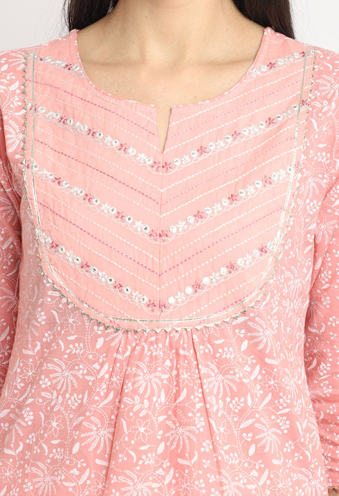 Pure Cambric Cotton Jaipuri Printed & Embroidered Kurti