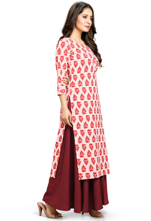 Off White And Red Cotton Jaipuri Printed Kurti
