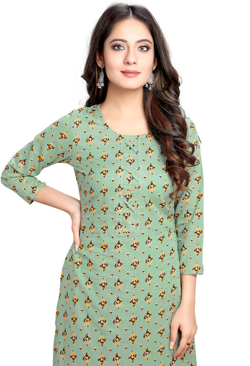 Sage Green Cotton Jaipuri Printed Kurti