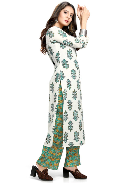 White Pure Cotton Jaipuri Printed Kurta With Palazzo