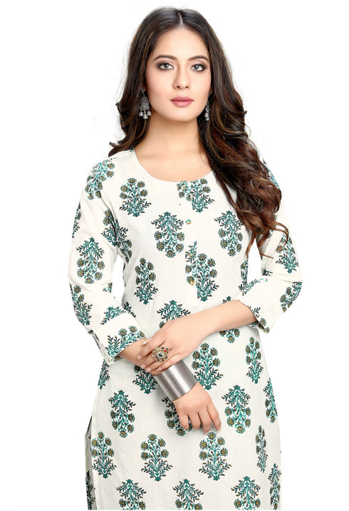White Pure Cotton Jaipuri Printed Kurta With Palazzo