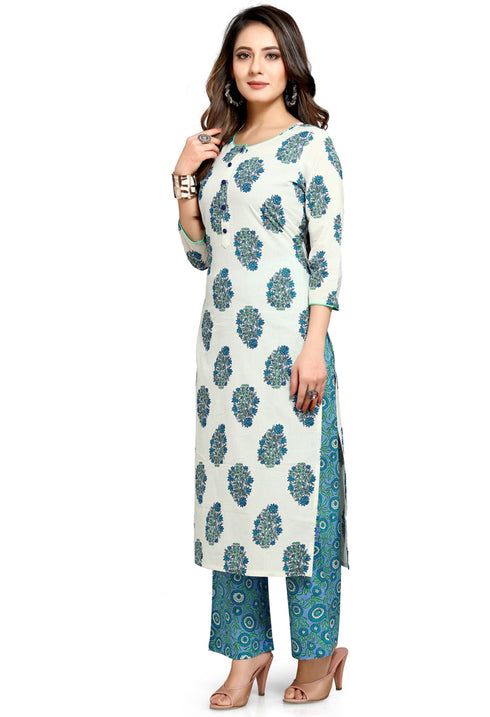 White And Blue Pure Cambric Cotton Jaipuri Printed Kurta With Palazzo