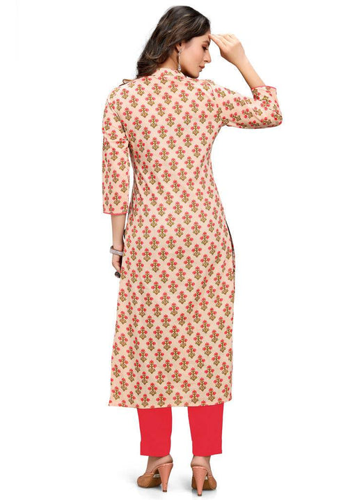 Beige Pure Cambric Cotton Jaipuri Printed Kurti
