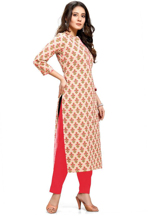 Beige Pure Cambric Cotton Jaipuri Printed Kurti