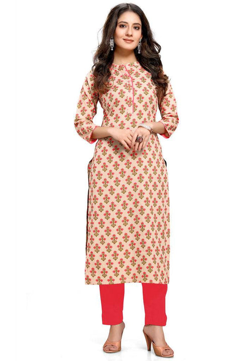 Beige Pure Cambric Cotton Jaipuri Printed Kurti