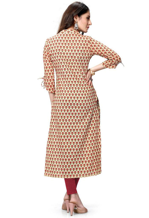 Beige Pure Cambric Cotton Jaipuri Printed Kurti