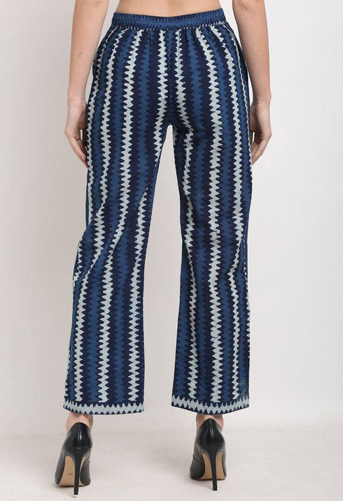 Blue Pure Cotton Striped Indigo Opaque Pallazo Pant