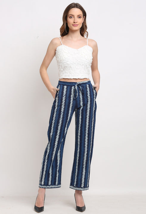 Blue Pure Cotton Striped Indigo Opaque Pallazo Pant