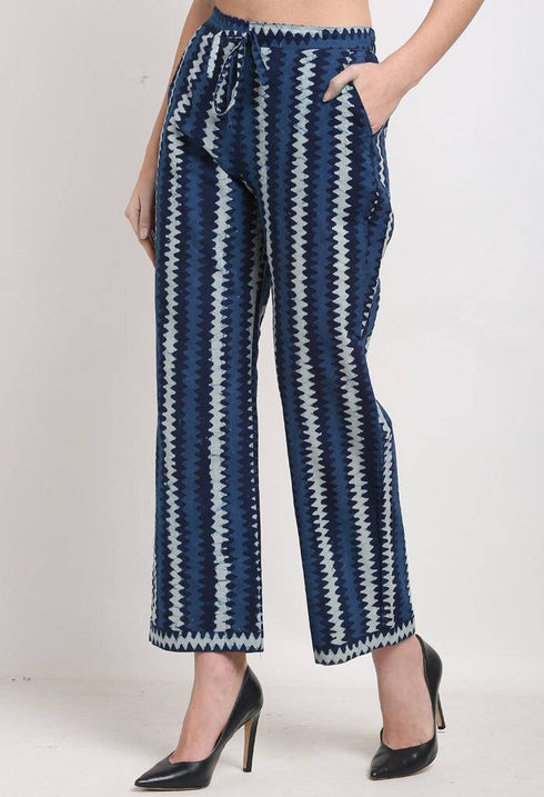 Blue Pure Cotton Striped Indigo Opaque Pallazo Pant