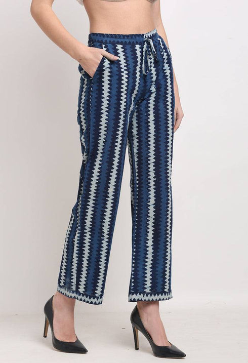 Blue Pure Cotton Striped Indigo Opaque Pallazo Pant