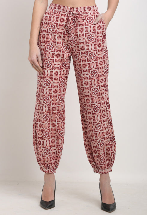 Pink & Maroon Pure Cotton Geometric Opaque Harem Pant