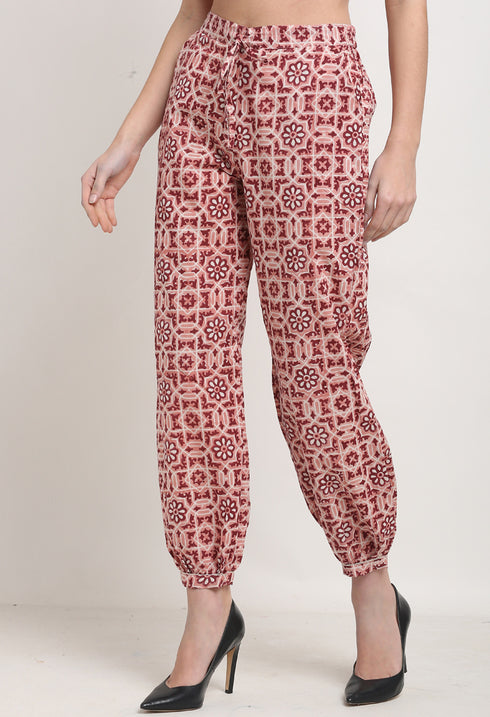 Pink & Maroon Pure Cotton Geometric Opaque Harem Pant