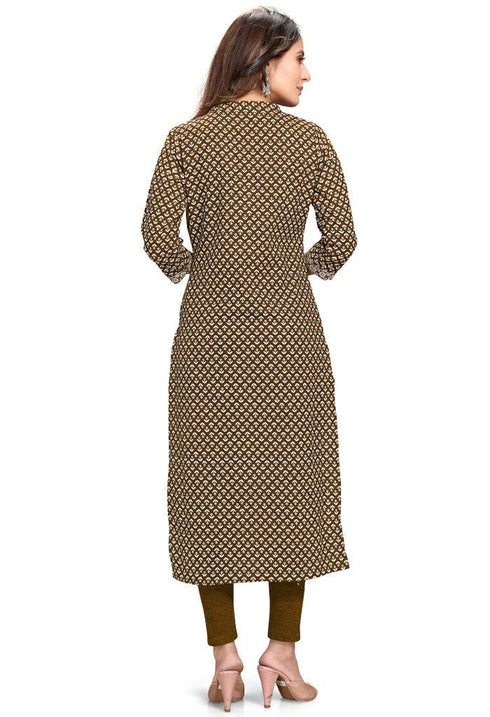 Dark Brown And Beige Pure Cambric Cotton Jaipuri Printed Kurti