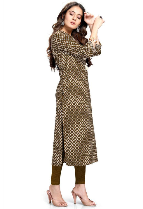 Dark Brown And Beige Pure Cambric Cotton Jaipuri Printed Kurti