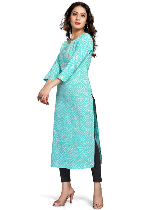 Sky Blue Pure Cambric Cotton Jaipuri Printed Kurti