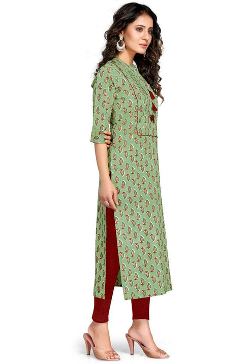 Green Pure Cambric Cotton Jaipuri Printed Kurti
