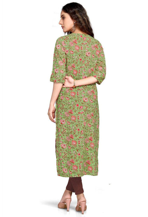 Green Pure Cambric Cotton Jaipuri Printed Kurti