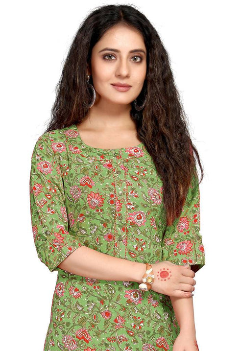 Green Pure Cambric Cotton Jaipuri Printed Kurti