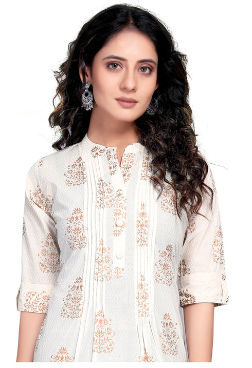 White Pure Cambric Cotton Jaipuri Printed Kurti