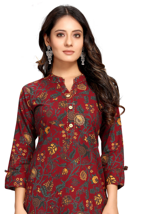 Maroon Pure Cambric Cotton Jaipuri Printed Kurti