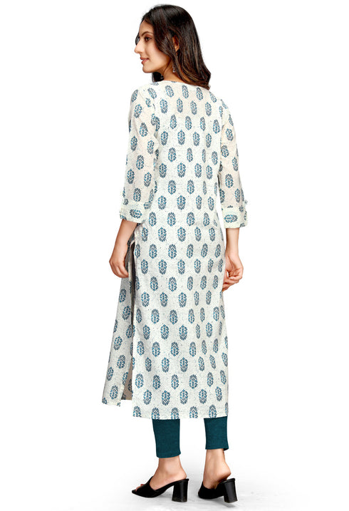White And Blue Pure Cambric Cotton Jaipuri Printed Kurti
