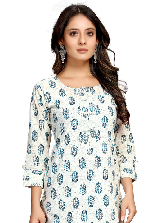 White And Blue Pure Cambric Cotton Jaipuri Printed Kurti