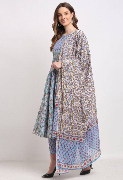 Blue Pure Cambric Cotton Printed Kurta Set With Dupatta