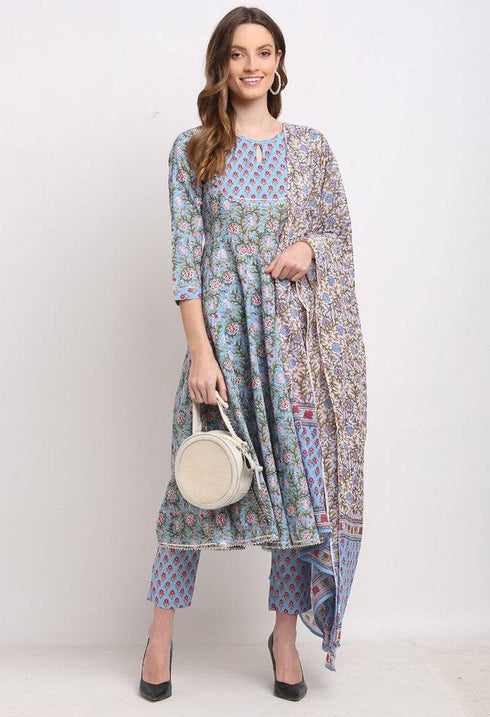 Blue Pure Cambric Cotton Printed Kurta Set With Dupatta
