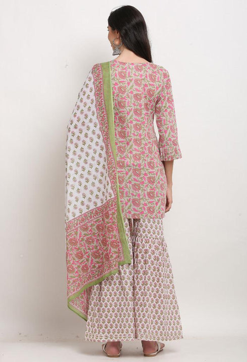 Pink And Beige Pure Cambric Cotton Floral Printed Kurta Set With Dupatta