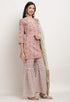 Pink And Beige Pure Cambric Cotton Floral Printed Kurta Set With Dupatta