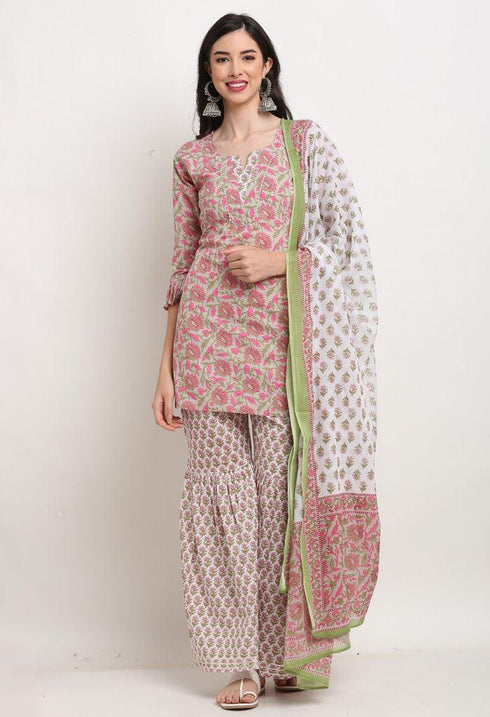 Pink And Beige Pure Cambric Cotton Floral Printed Kurta Set With Dupatta
