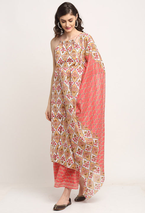 Multicolor Pure Cambric Cotton Printed Kurta Set With Dupatta