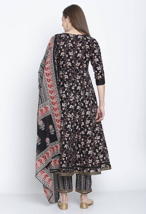 Black Pure Cambric Cotton Printed Kurta Set With Dupatta