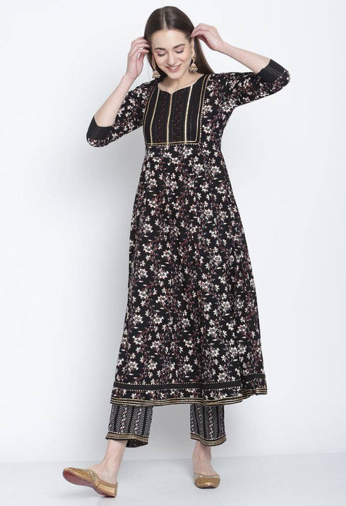 Black Pure Cambric Cotton Printed Kurta Set With Dupatta