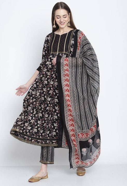 Black Pure Cambric Cotton Printed Kurta Set With Dupatta
