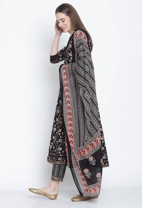 Black Pure Cambric Cotton Printed Kurta Set With Dupatta