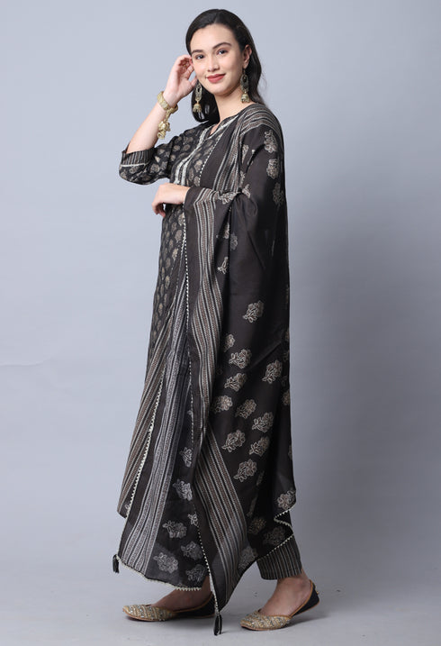 Grey Muslin Jaipuri Embroidered Kurta Set With Dupatta