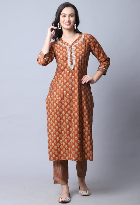 Orange Muslin Jaipuri Embroidered Kurta Set With Dupatta