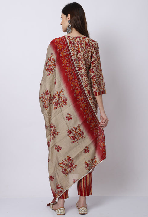 Maroon & Beige Muslin Printed Kurta Set With Dupatta
