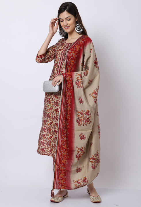 Maroon & Beige Muslin Printed Kurta Set With Dupatta
