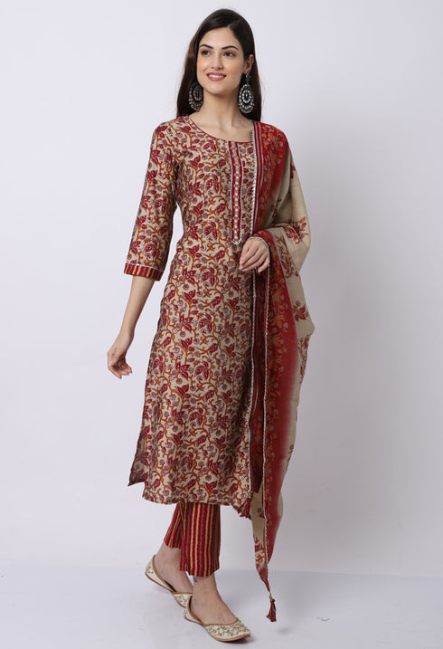 Maroon & Beige Muslin Printed Kurta Set With Dupatta