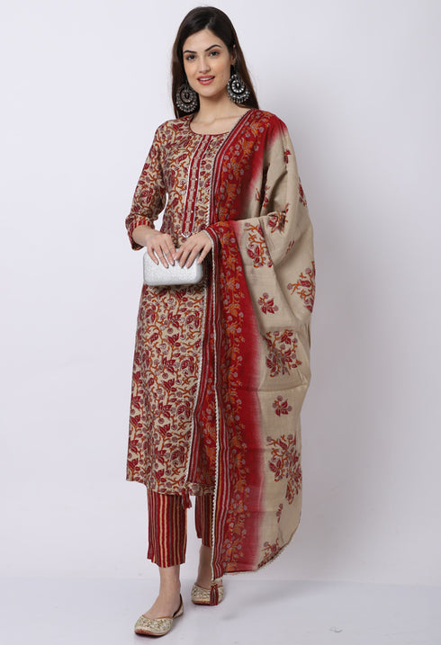 Maroon & Beige Muslin Printed Kurta Set With Dupatta