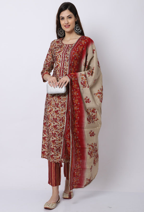 Maroon & Beige Muslin Printed Kurta Set With Dupatta