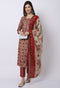 Maroon & Beige Muslin Printed Kurta Set With Dupatta