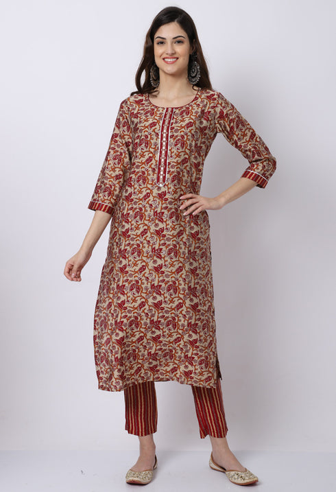 Maroon & Beige Muslin Printed Kurta Set With Dupatta